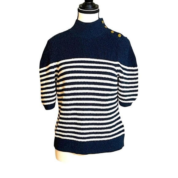 Anthropologie Maeve Divendra Knit Short Sleeve Sweater Top Large Blue Striped - Picture 1 of 10